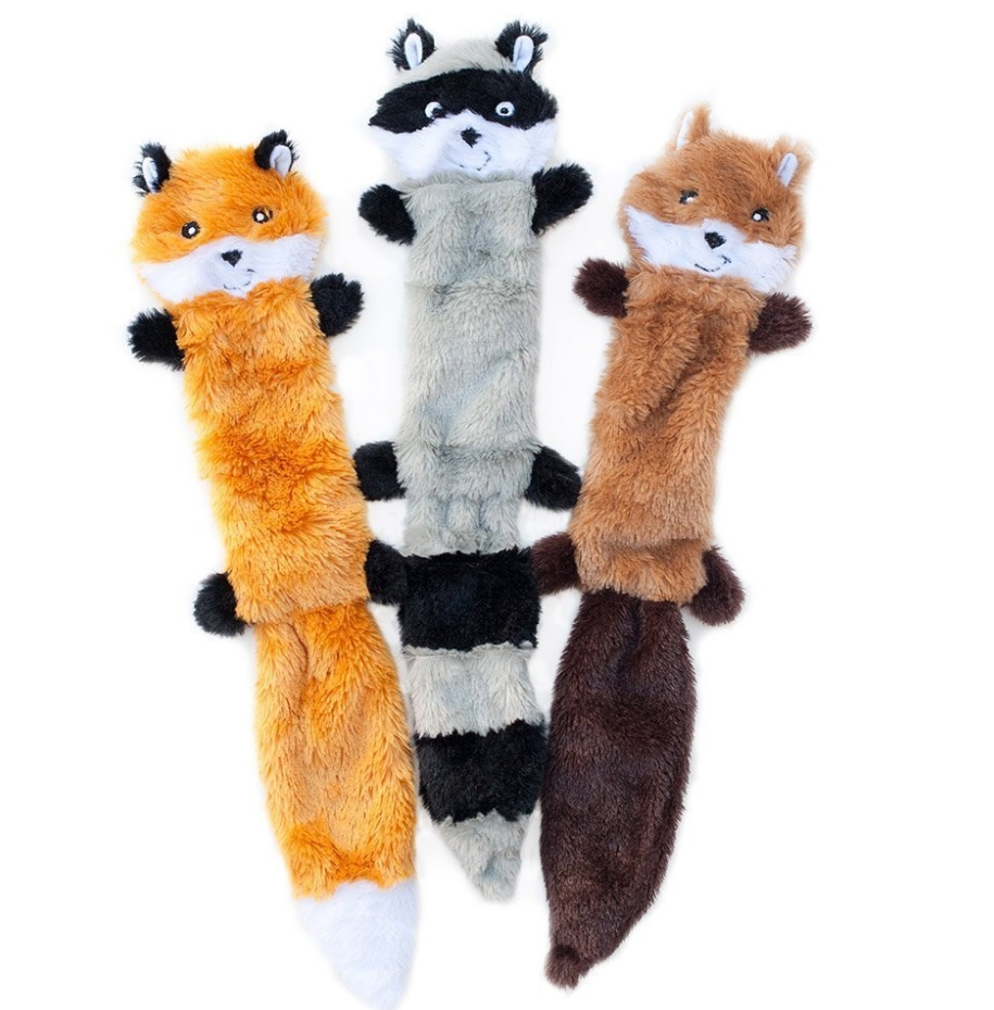 ZippyPaws Skinny Peltz No Stuffing Squeaky Plush Dog Toy - Fox, Raccoon, and Squirrel