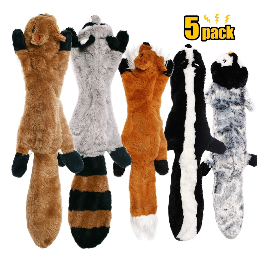 CNMGBB No Stuffing Set Of Dog Toys, 5 Pack: Squirrel, Raccoon, Fox, Skunk and Penguin)