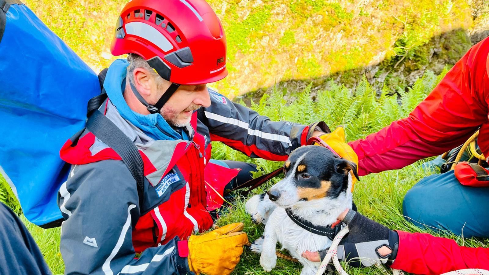 Handout photo issued by the Moffat Mountain Rescue Team of a team member with a Jack Russell dog they rescued after it plunged 60 metres down the Grey Mare's Tail waterfall in Dumfries and Galloway at around 2.45pm on Sunday. Picture date: Sunday July 16, 2023.